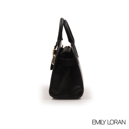 BLACK SNAKE LEATHER HANDBAG WITH GOLD LOCK DETAIL-MED