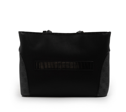 BLACK LEATHER EMILY LORAN WITH PATTERNED TRIM-LARGE
