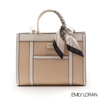 WOVEN STRAW HANDBAG LEATHER ACCENTS WITH SCARF -LARGE