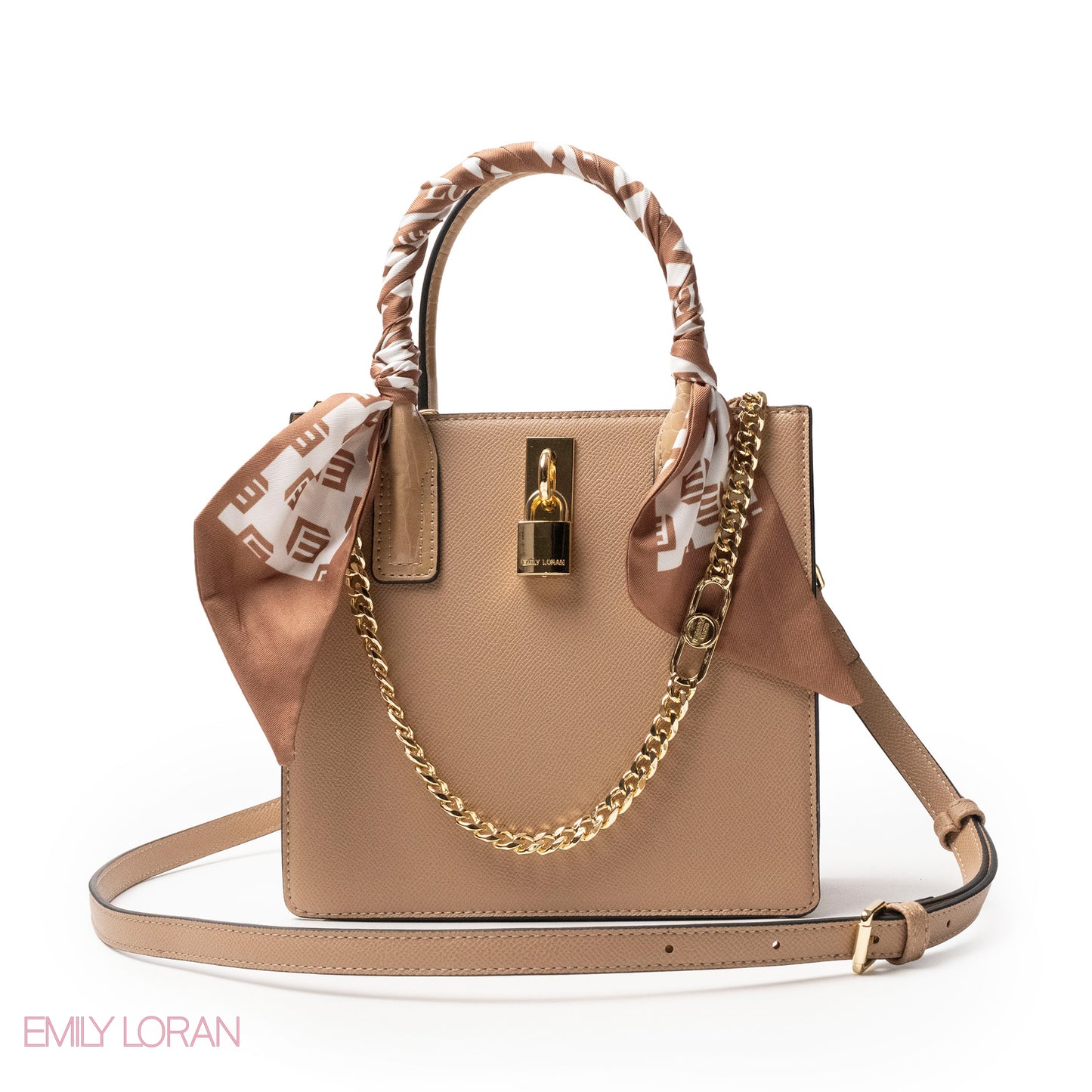 BEIGE LEATHER HANDBAG WITH SILKY SCARF, METAL CHAIN - MED