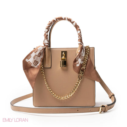 BEIGE LEATHER HANDBAG WITH SILKY SCARF, METAL CHAIN - MED