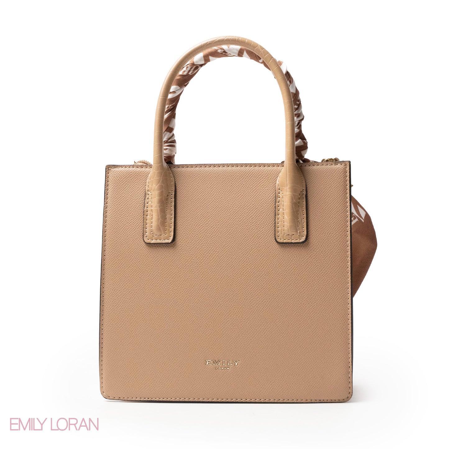 BEIGE LEATHER HANDBAG WITH SILKY SCARF, METAL CHAIN - MED