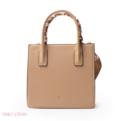 BEIGE LEATHER HANDBAG WITH SILKY SCARF, METAL CHAIN - MED