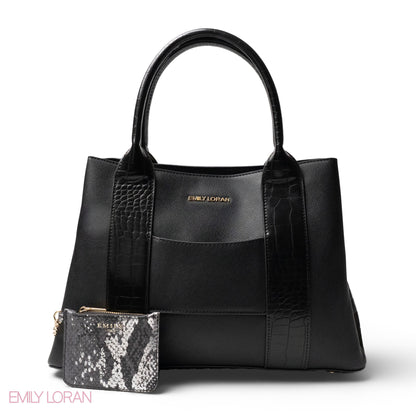 BLACK SMOOTH LEATHER HANDBAG WITH CROC DESIGN -LARGE