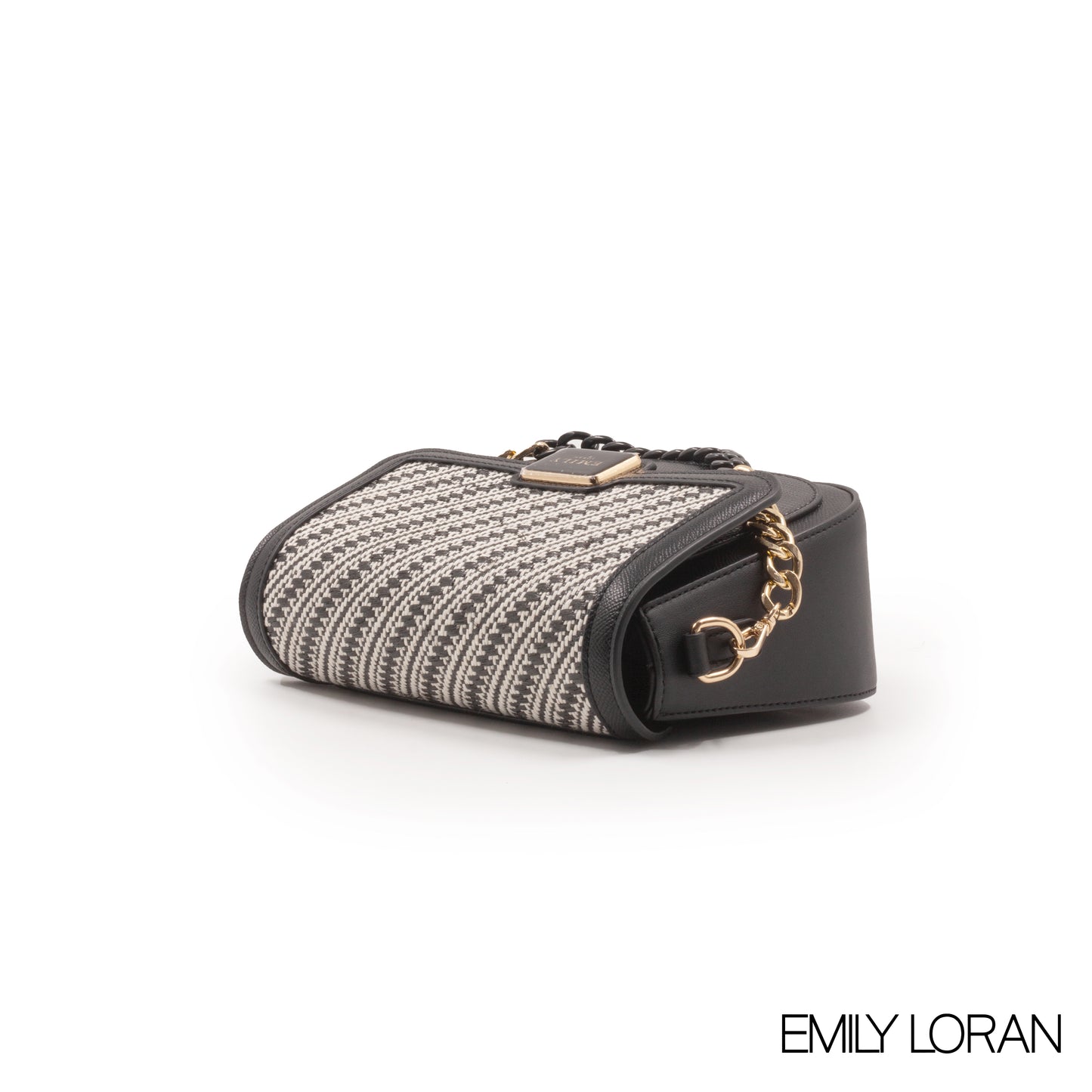 BLACK WOVEN FABRIC CROSSBODY BAG WITH METAL CHAIN-SMALL