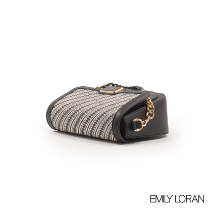 BLACK WOVEN FABRIC CROSSBODY BAG WITH METAL CHAIN-SMALL