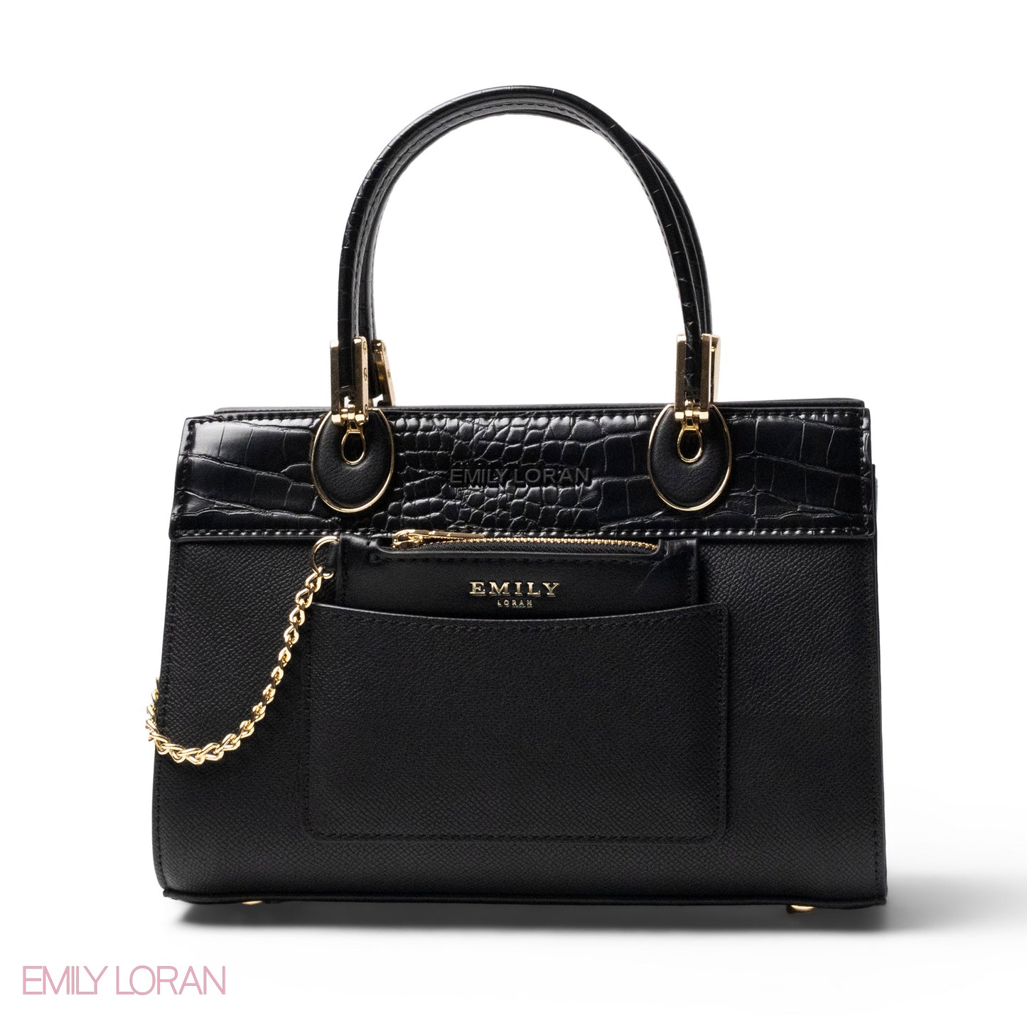 BLACK LEATHER SMOOTH HANDBAG WITH CROC DETAILS-MED