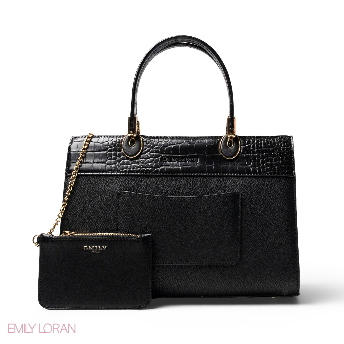 BLACK LEATHER SMOOTH HANDBAG WITH CROC DETAILS-LARGE