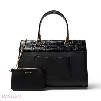 BLACK LEATHER SMOOTH HANDBAG WITH CROC DETAILS-LARGE