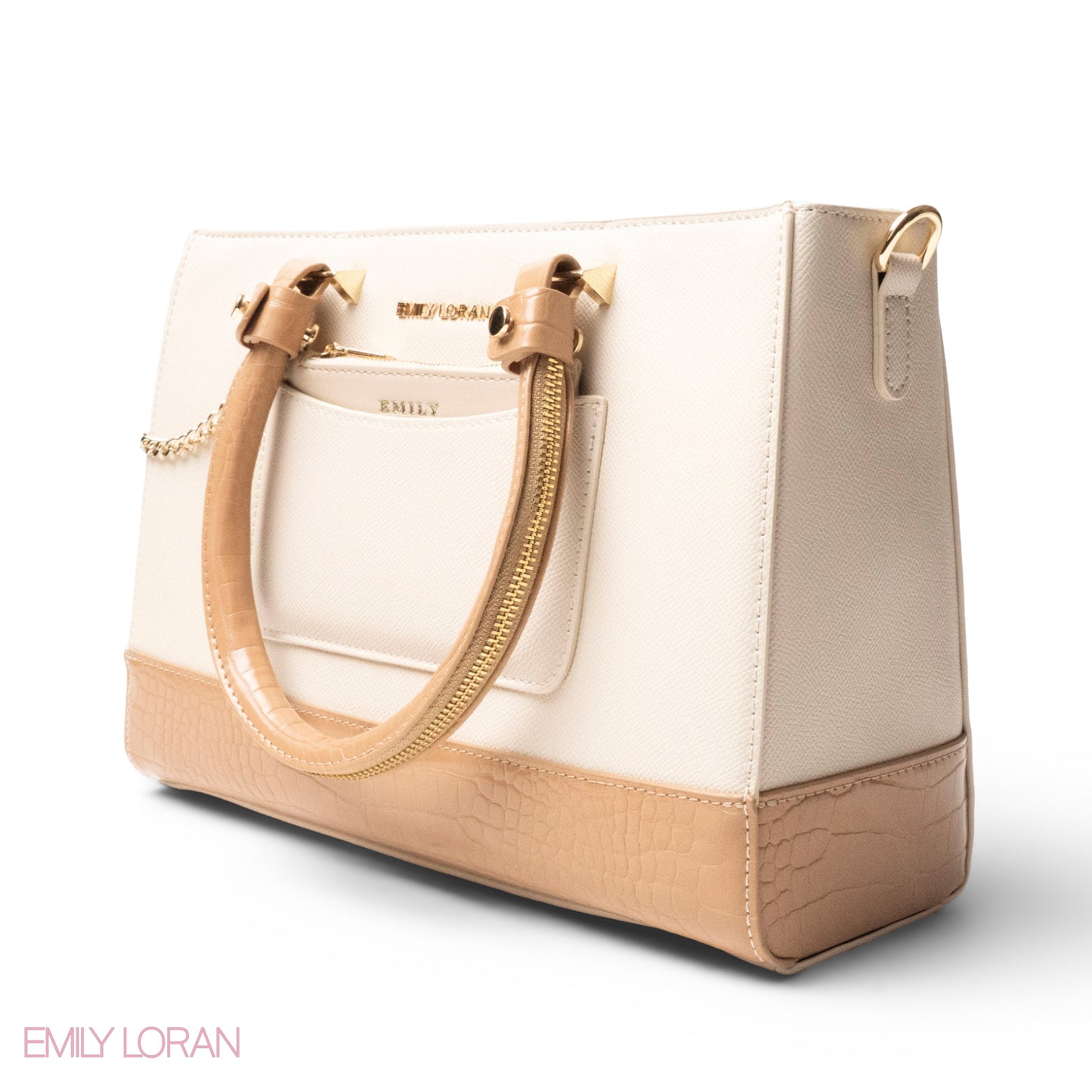 BEIGE LEATHER SMOOTH HANDBAG WITH CROC DETAILS -LARGE