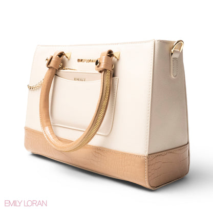 BEIGE LEATHER SMOOTH HANDBAG WITH CROC DETAILS -LARGE
