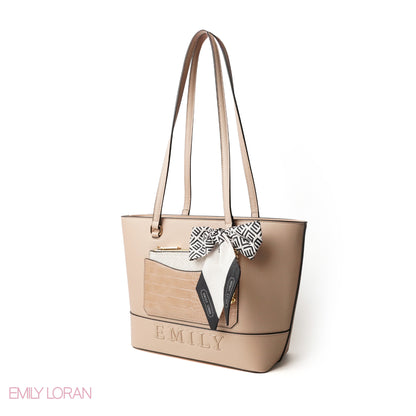 BEIGE LEATHER SHOULDERS BAG WITH LOGO EMILY ACCENT, SCARF - LARGE