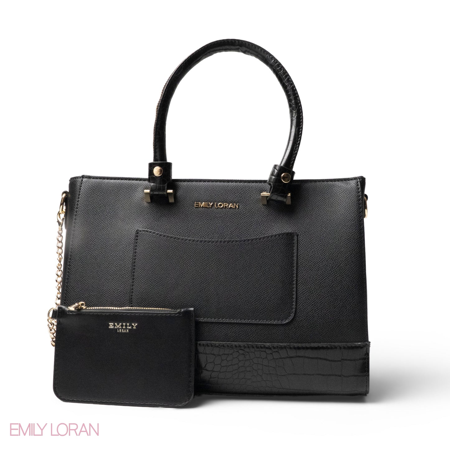 BLACK LEATHER SMOOTH HANDBAG WITH CROC DETAILS -LARGE