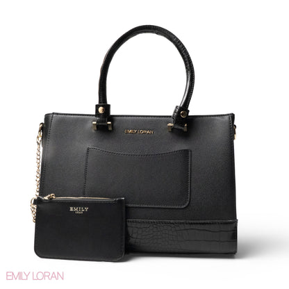 BLACK LEATHER SMOOTH HANDBAG WITH CROC DETAILS -LARGE