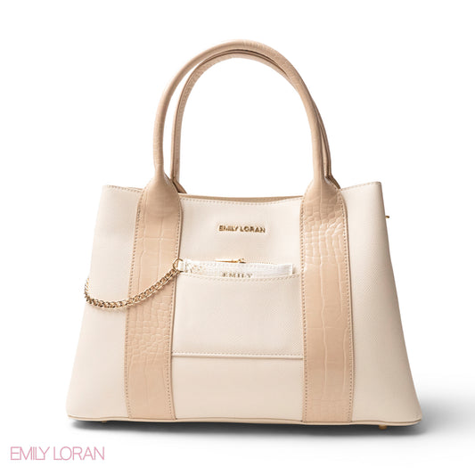 BEIGE SMOOTH LEATHER HANDBAG WITH CROC DESIGN -LARGE