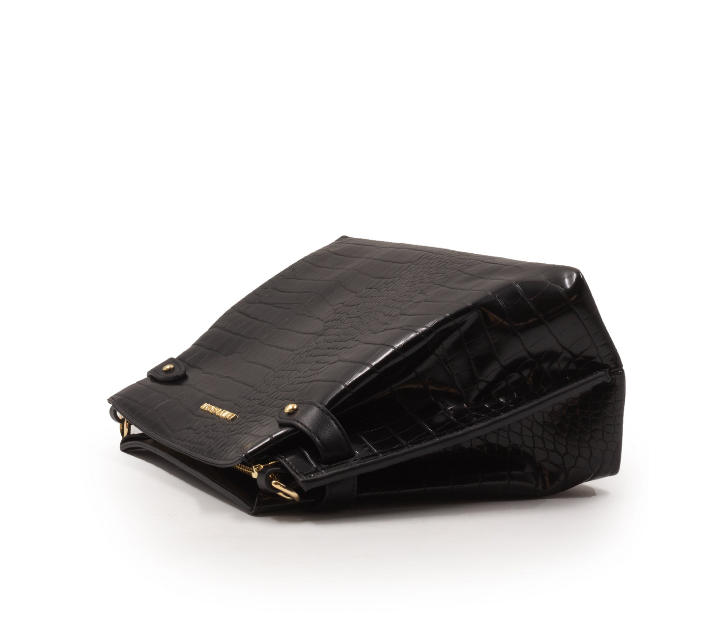 BLACK LEATHER HANDBAG WITH CROC DETAILS TOUCH -MED