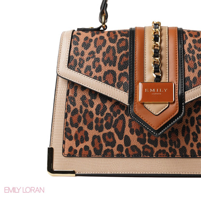 LEOPARD PRINT LEATHER HANDBAG WITH FLAP - MED