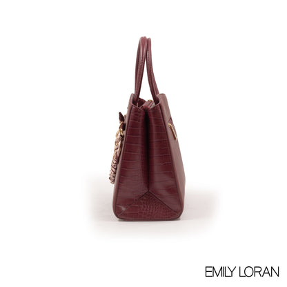 MAROON LEATHER HANDBAG WITH CHAIN DETAIL-MED