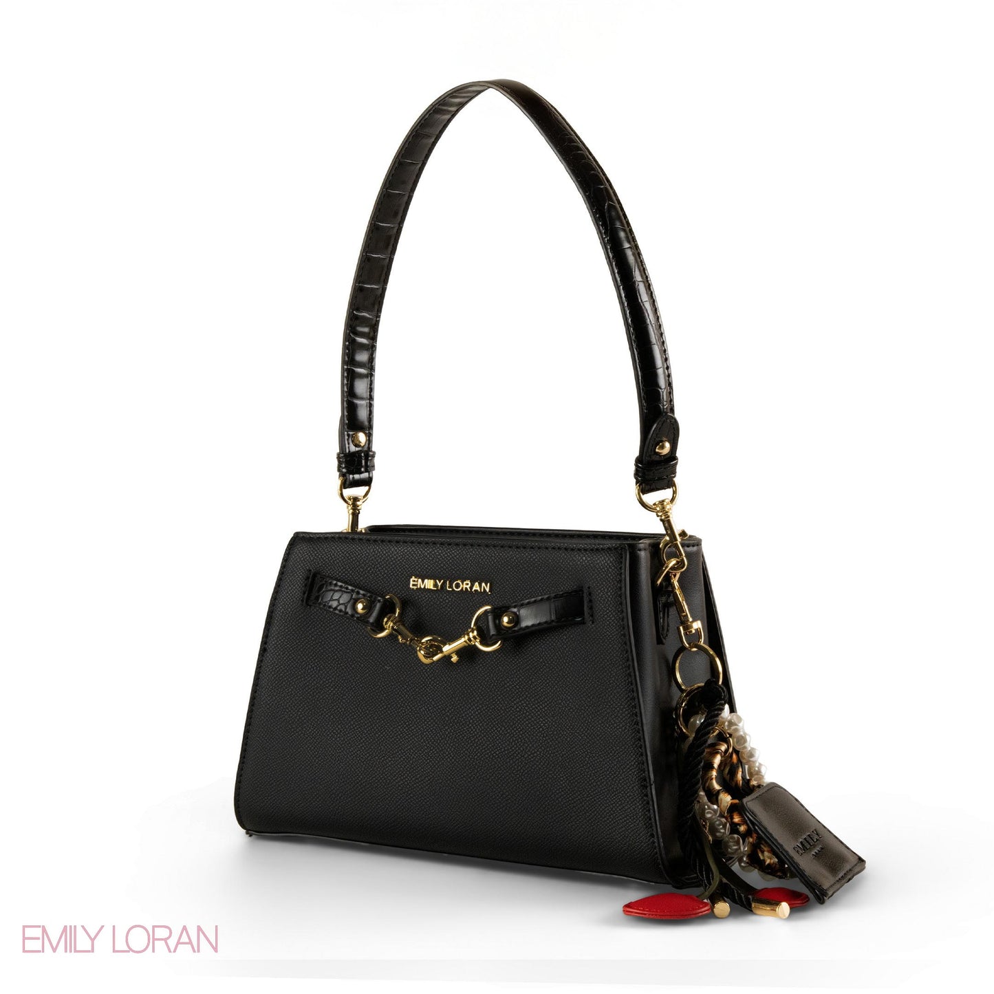 BLACK LEATHER SHOULDER BAG WITH ACCESSORIES- SMALL