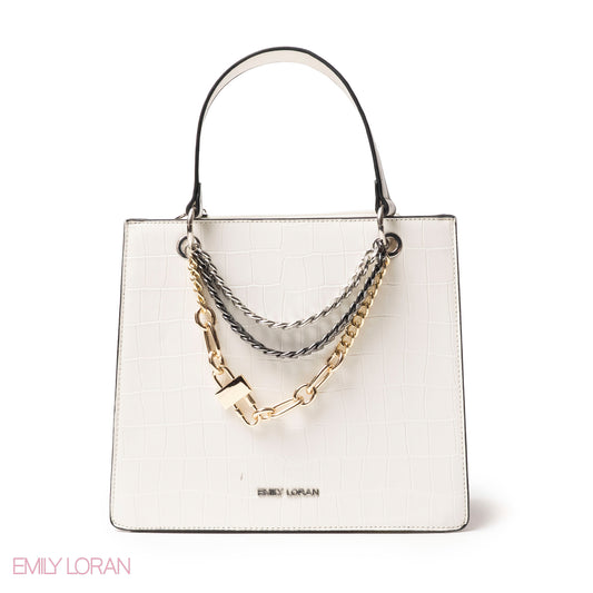 WHITE LEATHER HANDBAG WITH METAL CHAIN ACCENTS - MED