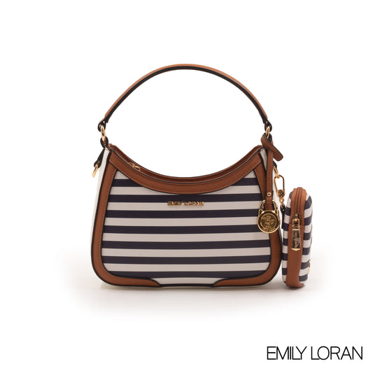 STRIPED NAVY HANDBAG WITH LEATHER BROWN TRIM COLOR -SMALL