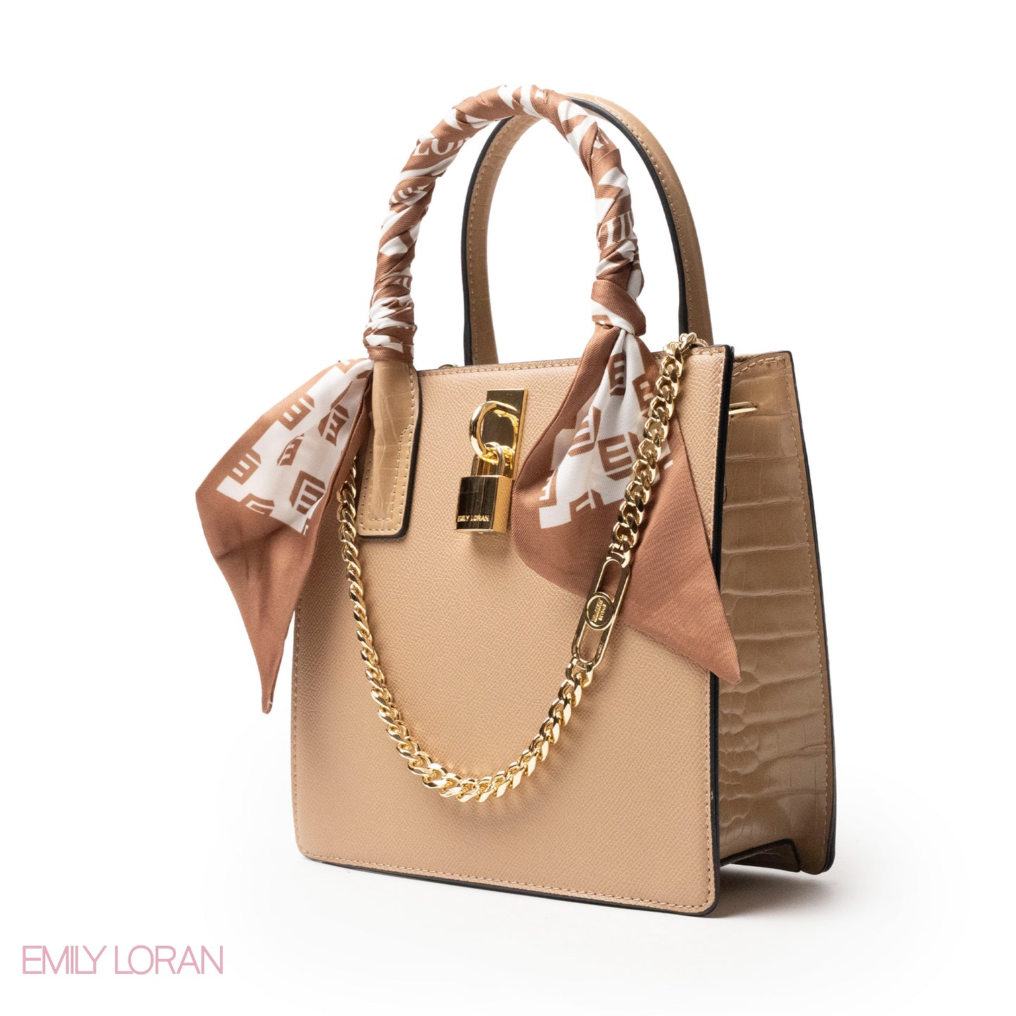 BEIGE LEATHER HANDBAG WITH SILKY SCARF, METAL CHAIN - MED