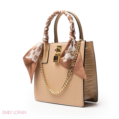 BEIGE LEATHER HANDBAG WITH SILKY SCARF, METAL CHAIN - MED
