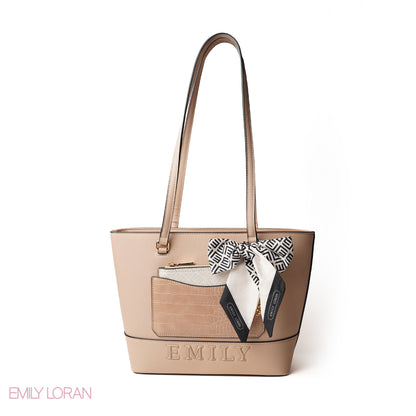 BEIGE LEATHER SHOULDERS BAG WITH LOGO EMILY ACCENT, SCARF - LARGE