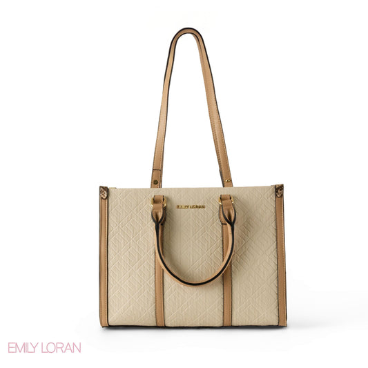 CREAMY EMILY LORAN HANDBAG WITH BEIGE TRIM - MED