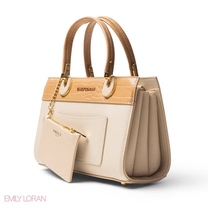 BEIGE LEATHER SMOOTH HANDBAG WITH CROC DETAILS-MED