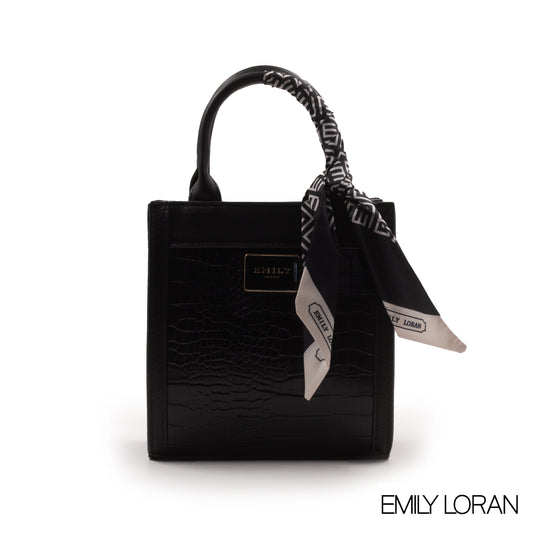 BLACK CROC HANDBAG LEATHER ACCENTS WITH SCARF -SMALL