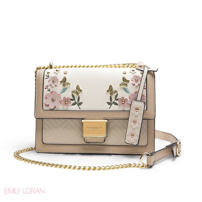 EMILY 3D FLORAL APPLIQUÉ CROSSBODY BAG - WHITE & BEIGE