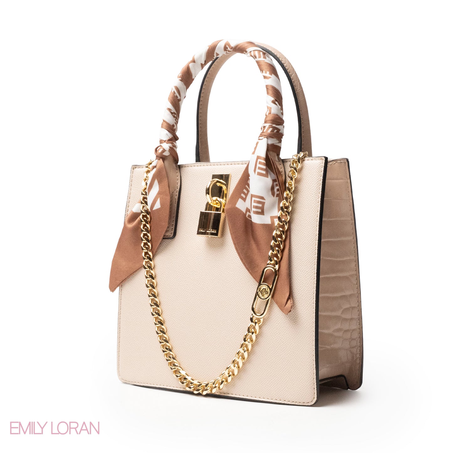 CREAMY LEATHER HANDBAG WITH SILKY SCARF, METAL CHAIN - MED