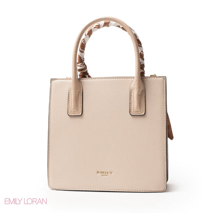 CREAMY LEATHER HANDBAG WITH SILKY SCARF, METAL CHAIN - MED