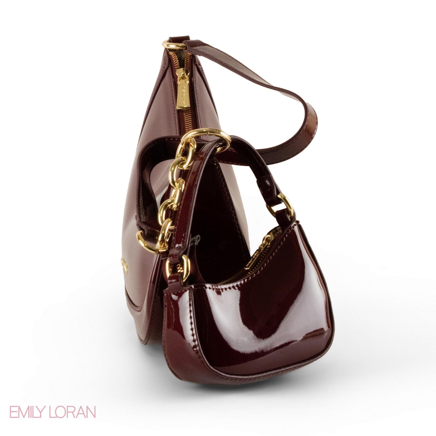 MODERN GLOSSY LEATHER SHOULDER BAG WITH MINI WALLET - SMALL
