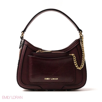 MAROON LEATHER HANDBAG WITH METAL CHAIN -SMALL