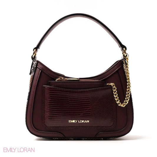 MAROON LEATHER HANDBAG WITH METAL CHAIN -SMALL