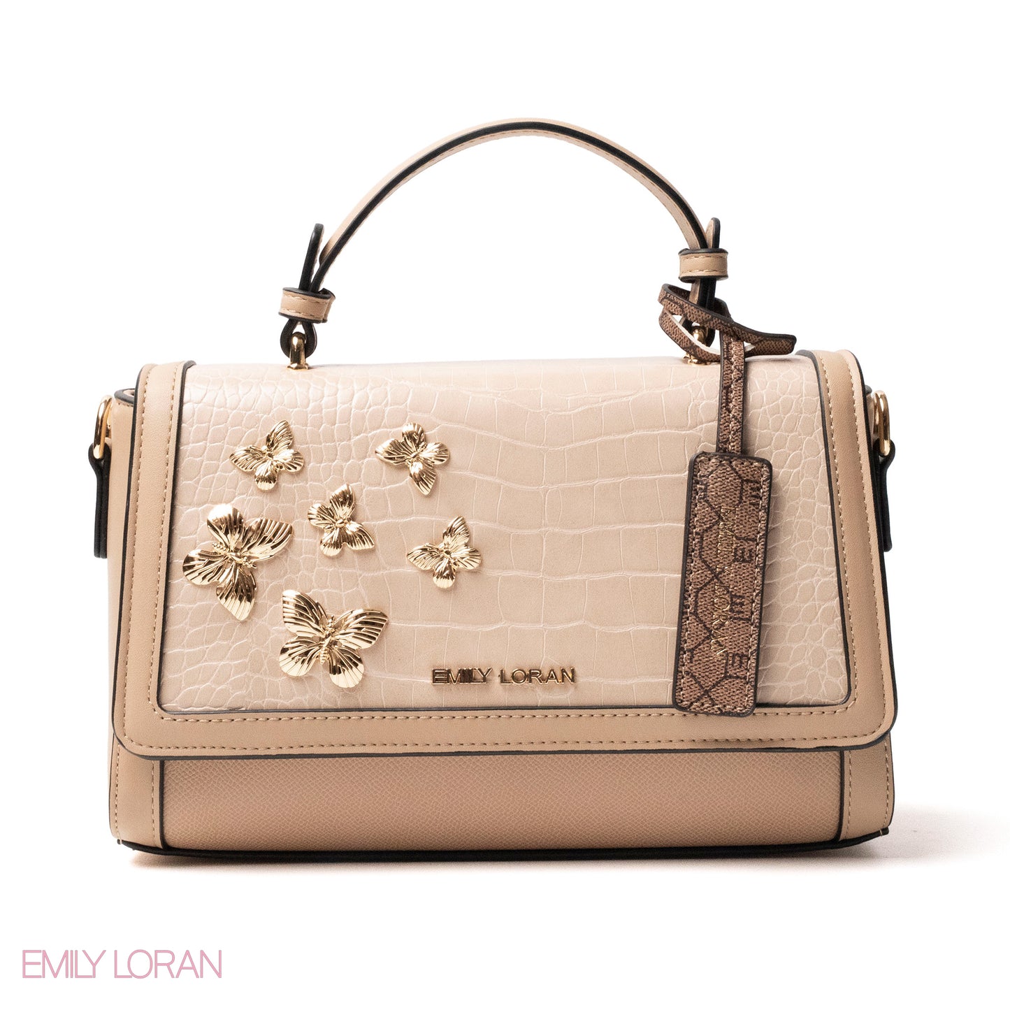 BEIGE LEATHER HANDBAG WITH CROC,BUTTERFLIES DETAILS-MED