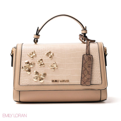 BEIGE LEATHER HANDBAG WITH CROC,BUTTERFLIES DETAILS-MED