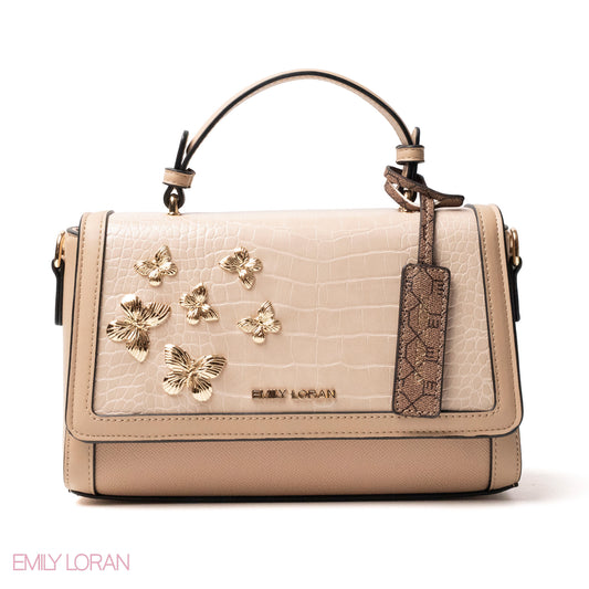 BEIGE LEATHER HANDBAG WITH CROC,BUTTERFLIES DETAILS-MED