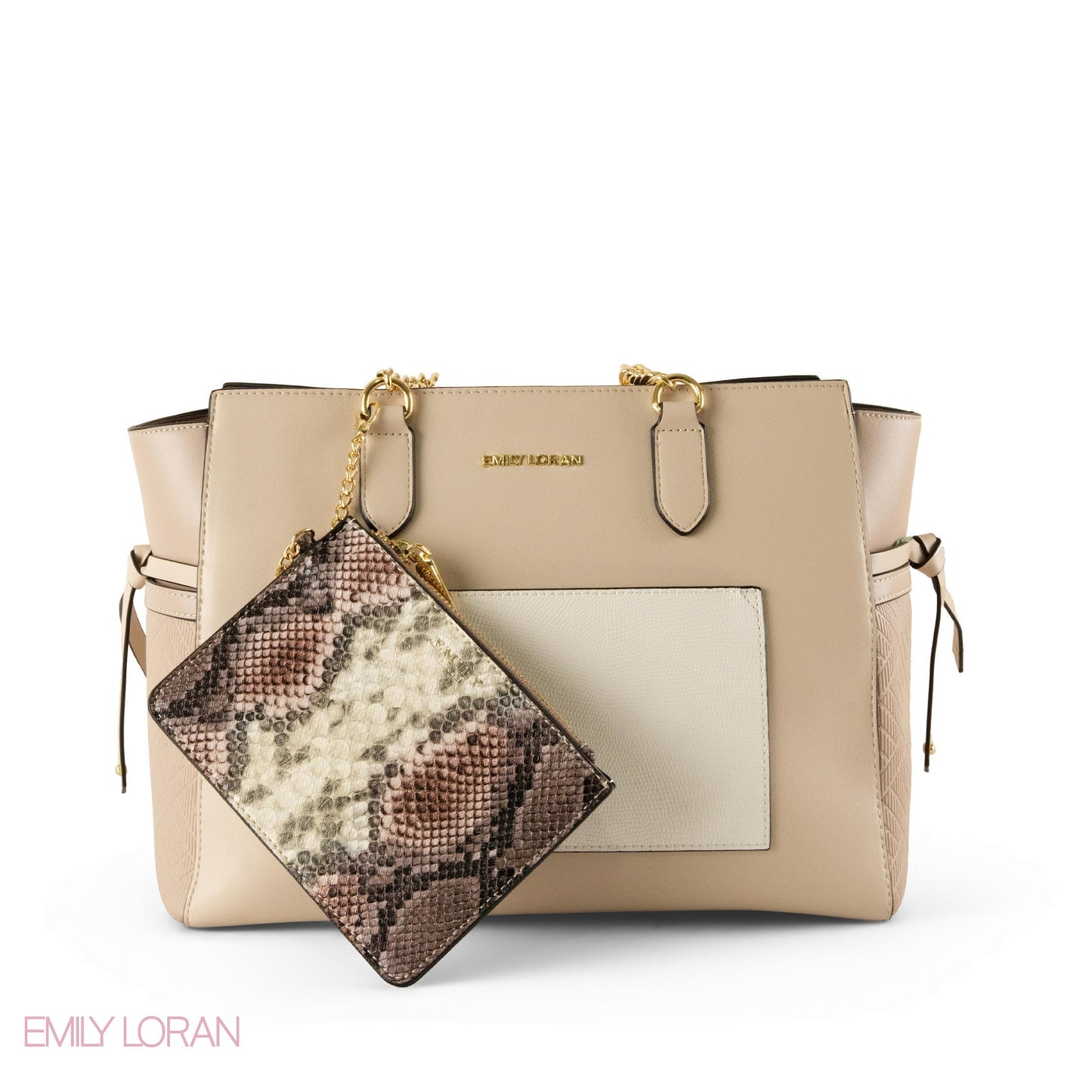 BEIGE LEATHER SHOULDER BAG WITH SNAKE ACCENTS - LARGE
