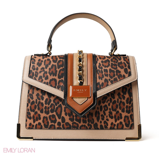 LEOPARD PRINT LEATHER HANDBAG WITH FLAP - MED