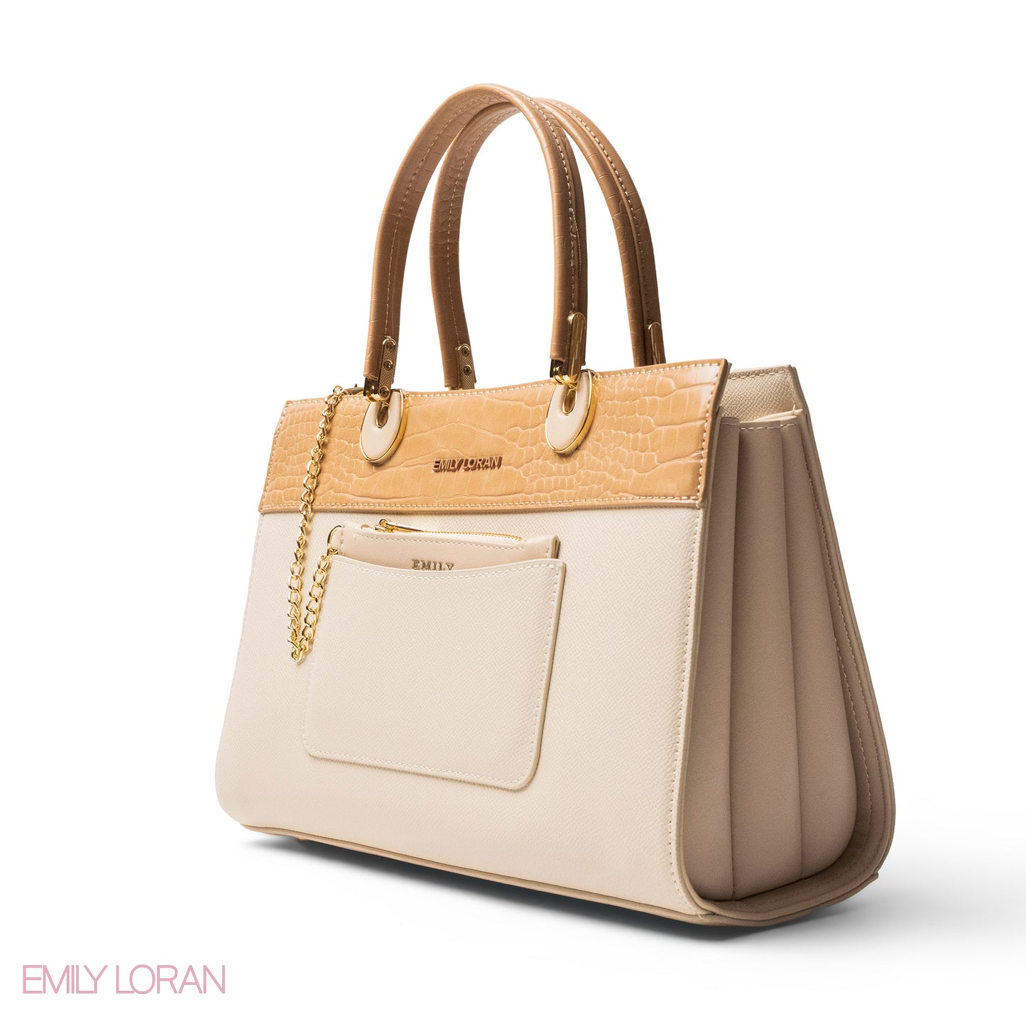 BEIGE LEATHER SMOOTH HANDBAG WITH CROC DETAILS-LARGE