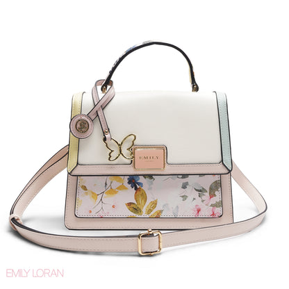 EMILY MULTI-COLOUR PASTEL FLORAL SATCHEL BAG WITH BUTTERFLY CHARM - MED