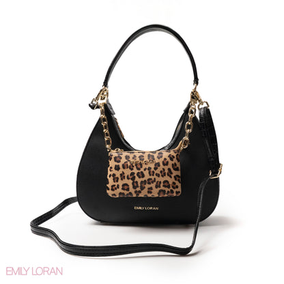 MODREN BLACK LEATHER HANDBAGWITH METAL CHAIN - MED