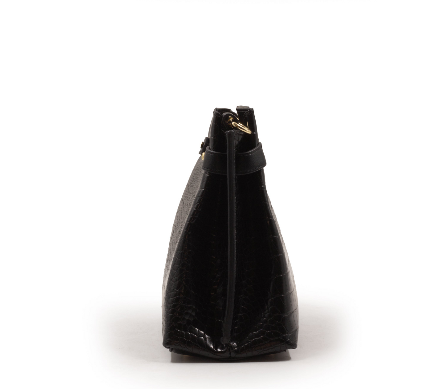 BLACK LEATHER HANDBAG WITH CROC DETAILS TOUCH -MED