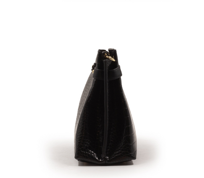 BLACK LEATHER HANDBAG WITH CROC DETAILS TOUCH -MED