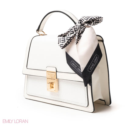 WHITE LEATHER HANDBAG WITH EMILY LORAN SCARF - MED