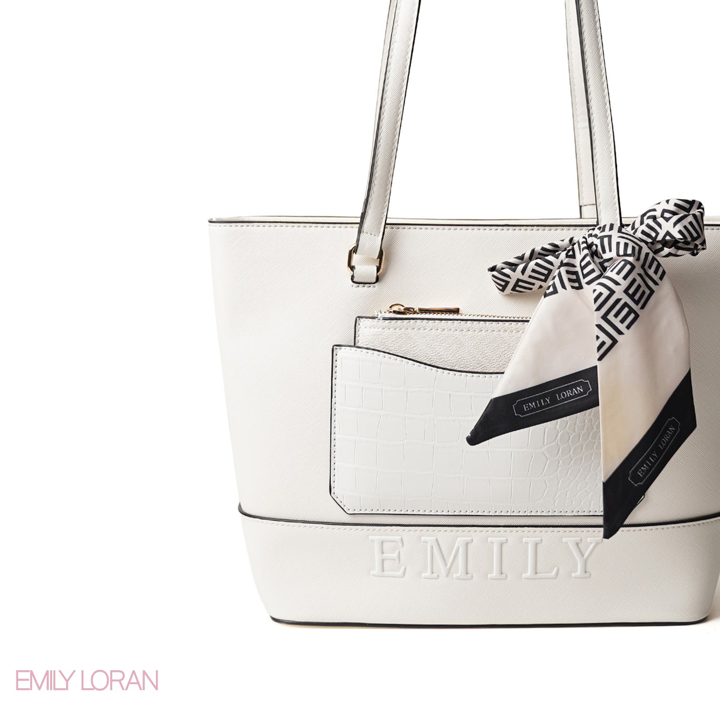 WHITE LEATHER SHOULDERS BAG WITH LOGO EMILY ACCENT, SCARF - LARGE