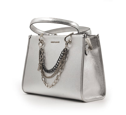 SILVER SHINY LEATHER HANDBAG WITH METAL CHAIN-LARGE